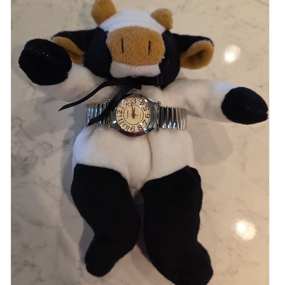 Vintage Y2K Cow Plush Quartz Watch Holder Holstein Display Novelty Y2K NEW